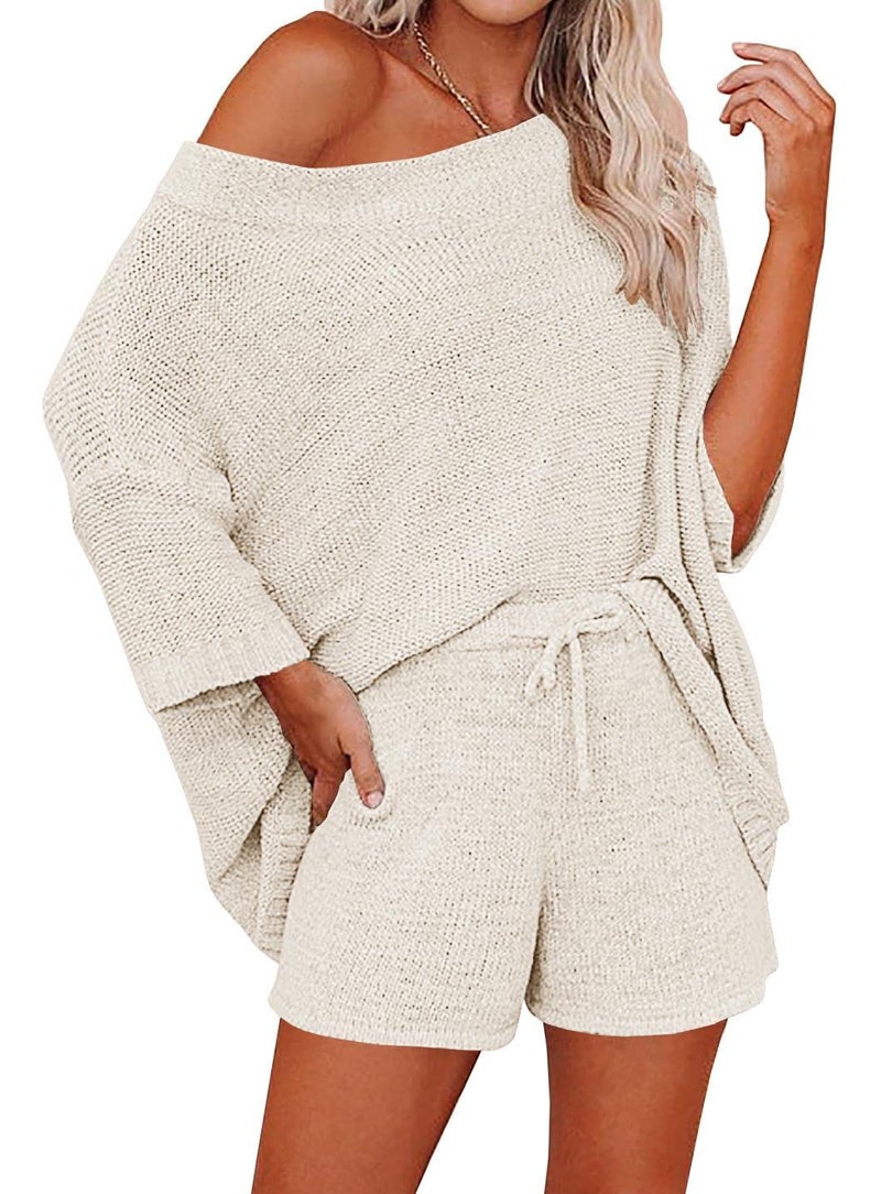 Ermonn Womens 2 Piece Outfits Sweater Sets Off Shoulder Knit Tops Waist Short Suits Casual Pajama Set Romper Jumpsuits Beige - Image 1